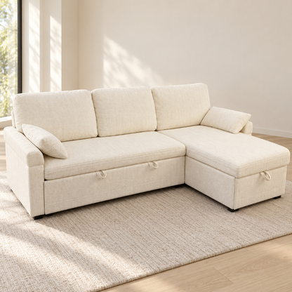 MINIMO Cream reversible chaise sofa bed in closed seating configuration