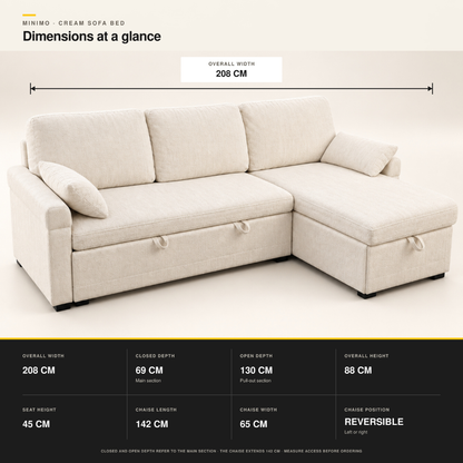 MINIMO Cream sofa bed dimensions showing closed depth, open depth and chaise measurements