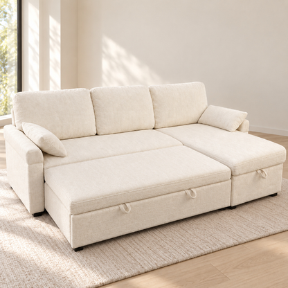 MINIMO Cream sofa bed with pull-out section fully opened
