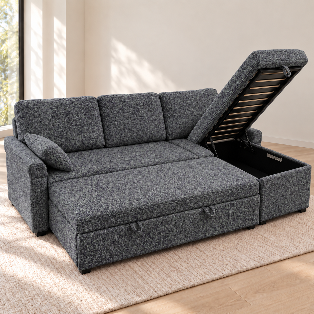 MINIMO Grey sofa bed with concealed chaise storage open