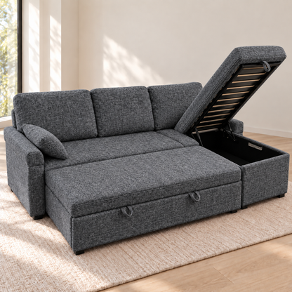 MINIMO Grey sofa bed with concealed chaise storage open