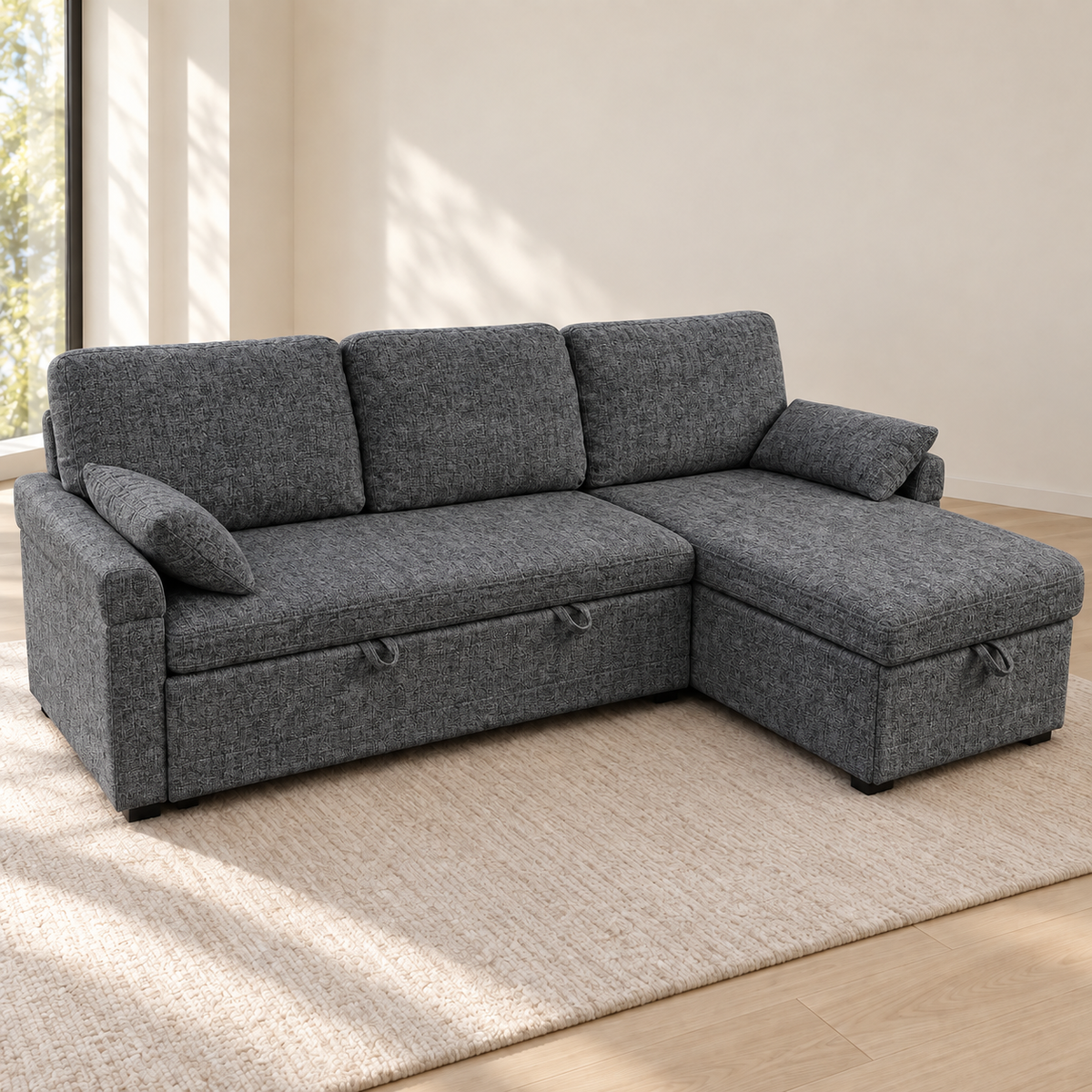 MINIMO Grey reversible chaise sofa bed in closed seating configuration