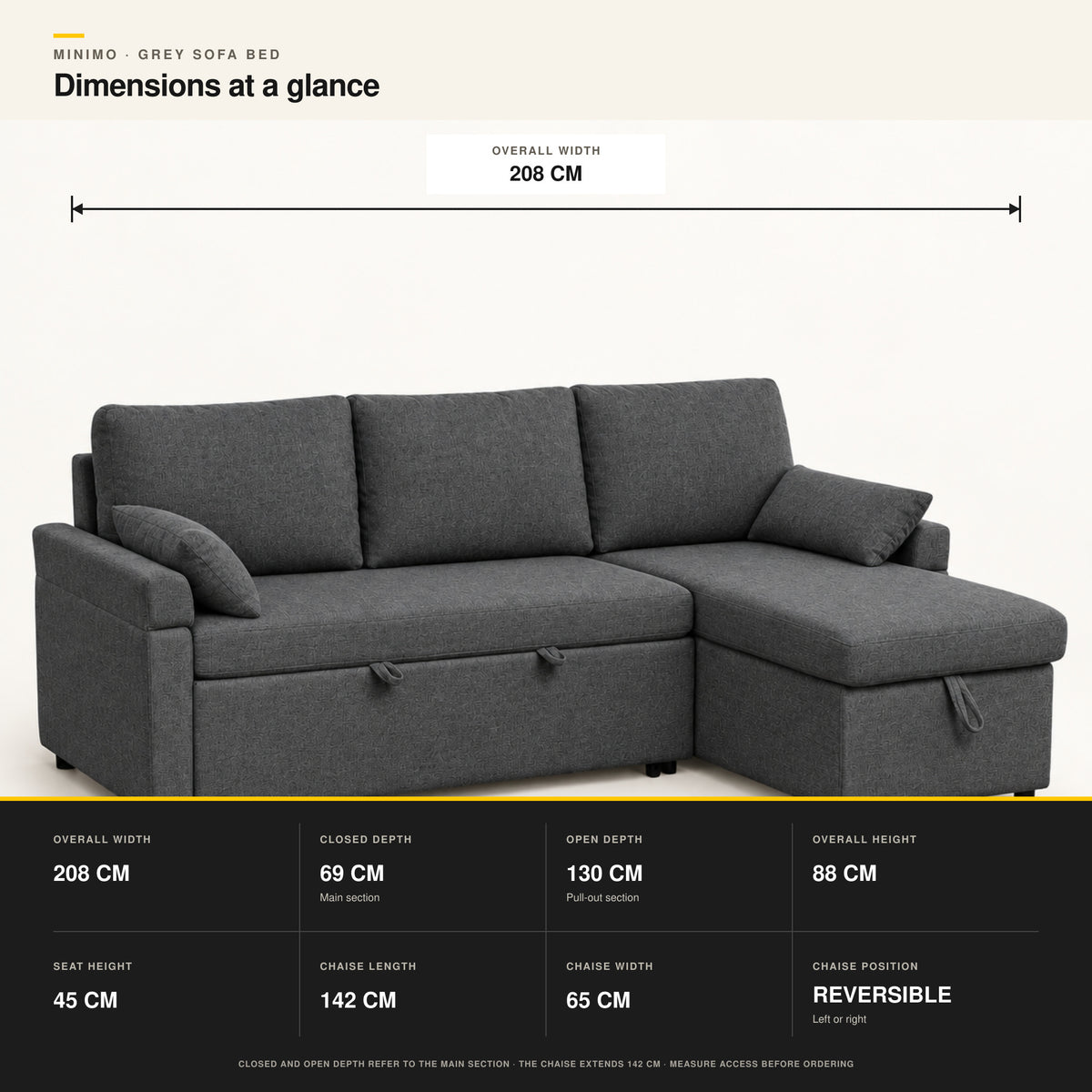 MINIMO Grey sofa bed dimensions showing closed depth, open depth and chaise measurements