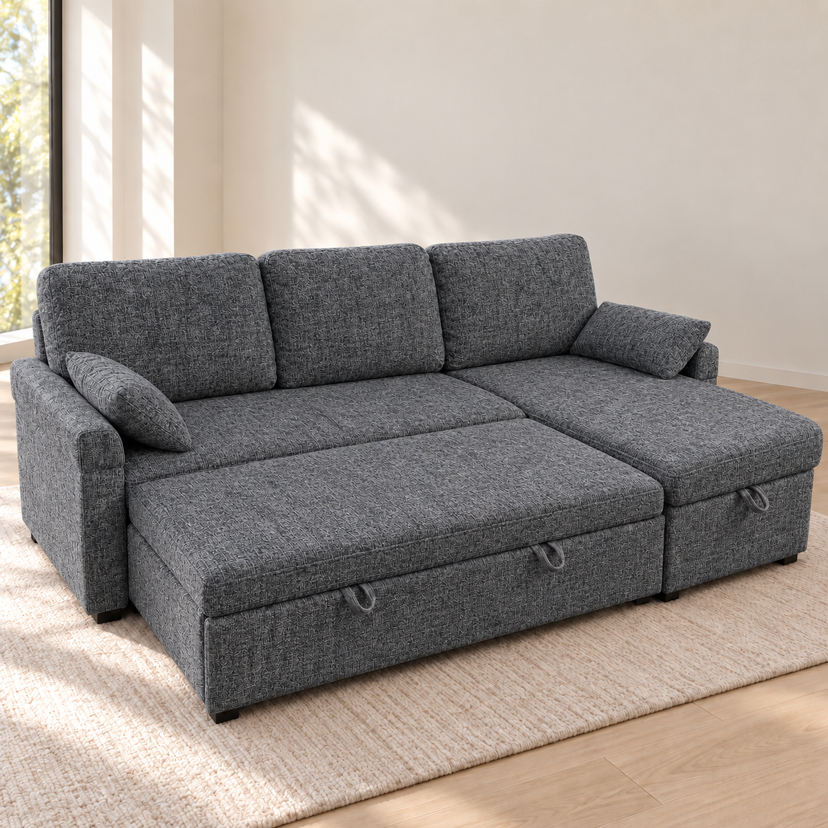MINIMO Grey sofa bed with pull-out section fully opened