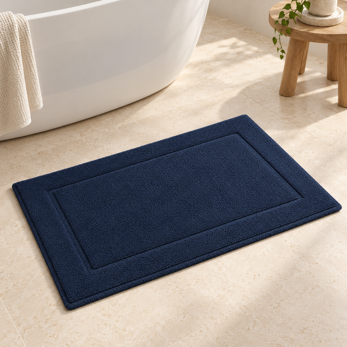 Egyptian Cotton Bath Mat · Navy Blue · 50 × 80 cm — lifestyle product photograph at Faruma Furniture Maldives