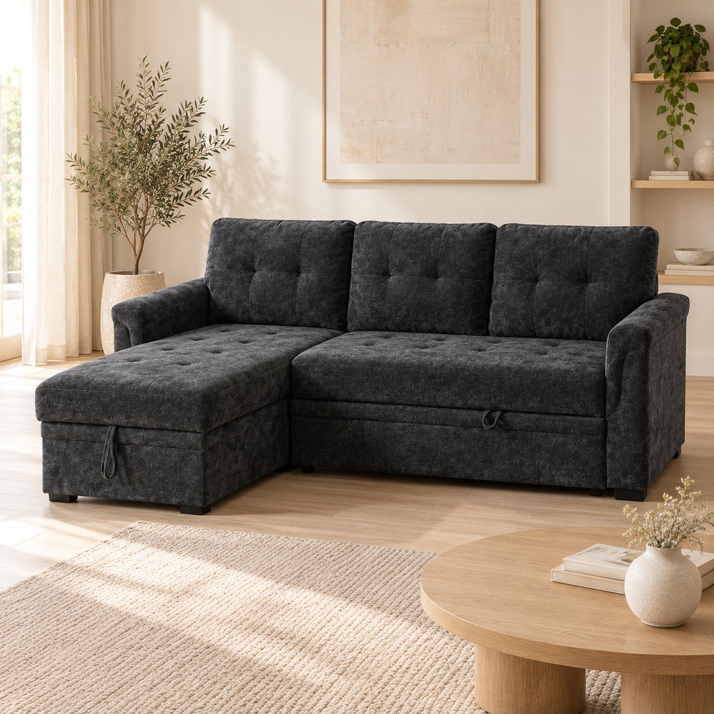 RENZO Black reversible chaise sofa bed in closed seating configuration