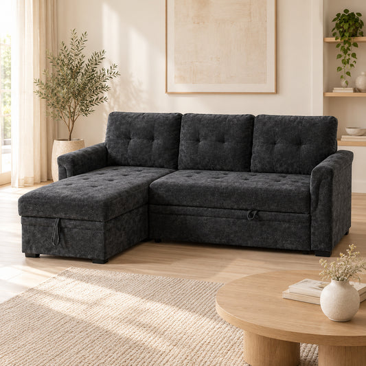 RENZO Black reversible chaise sofa bed in closed seating configuration