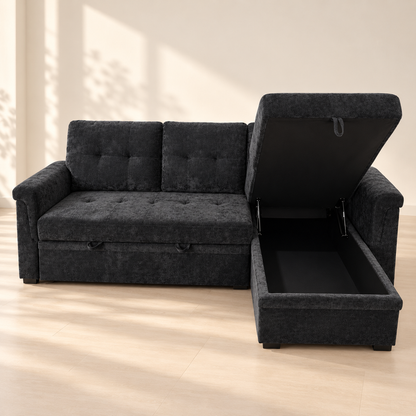 RENZO Black reversible chaise sofa bed with lift-up storage open