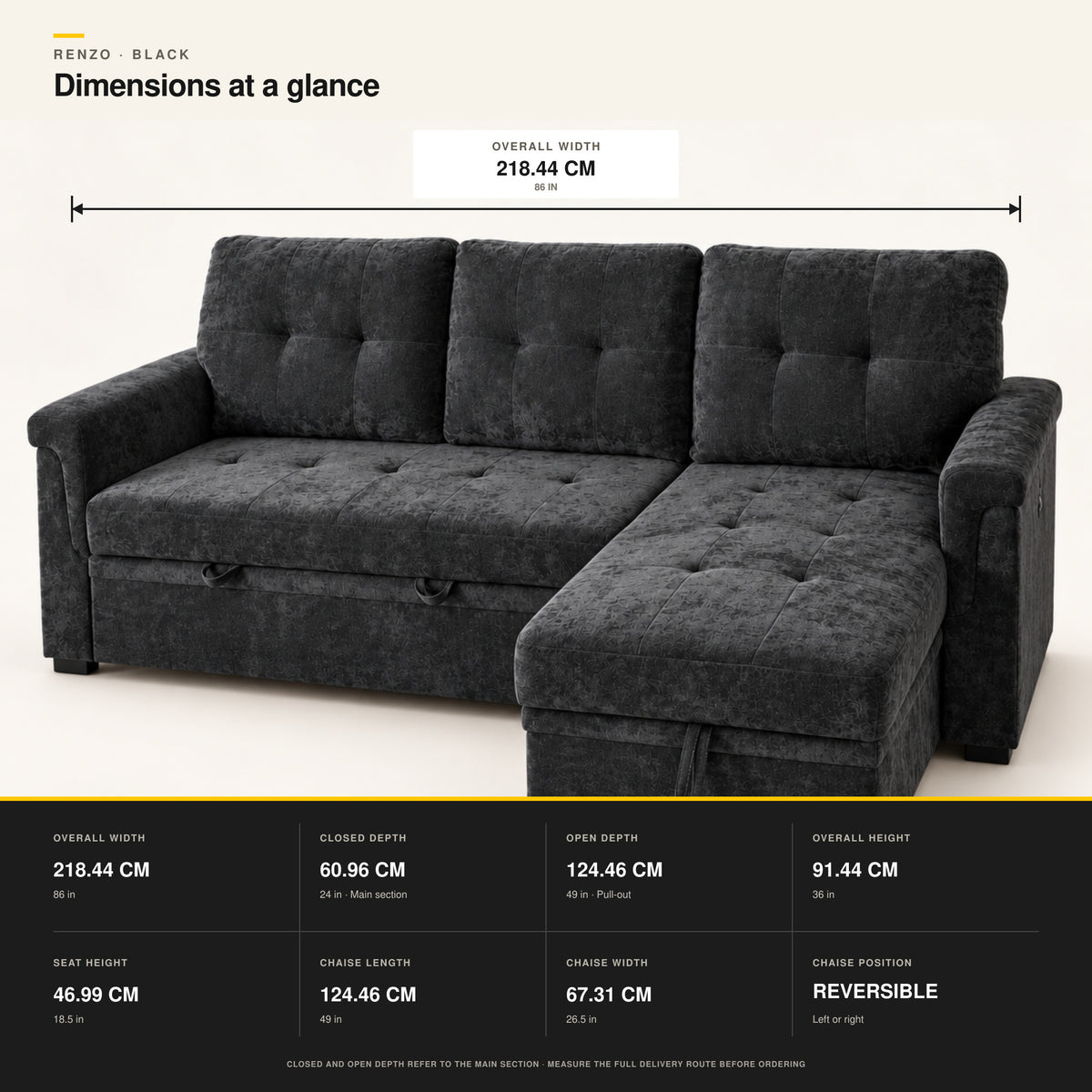 RENZO Black sofa bed dimensions showing overall width, closed depth, open depth and chaise measurements