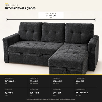 RENZO Black sofa bed dimensions showing overall width, closed depth, open depth and chaise measurements