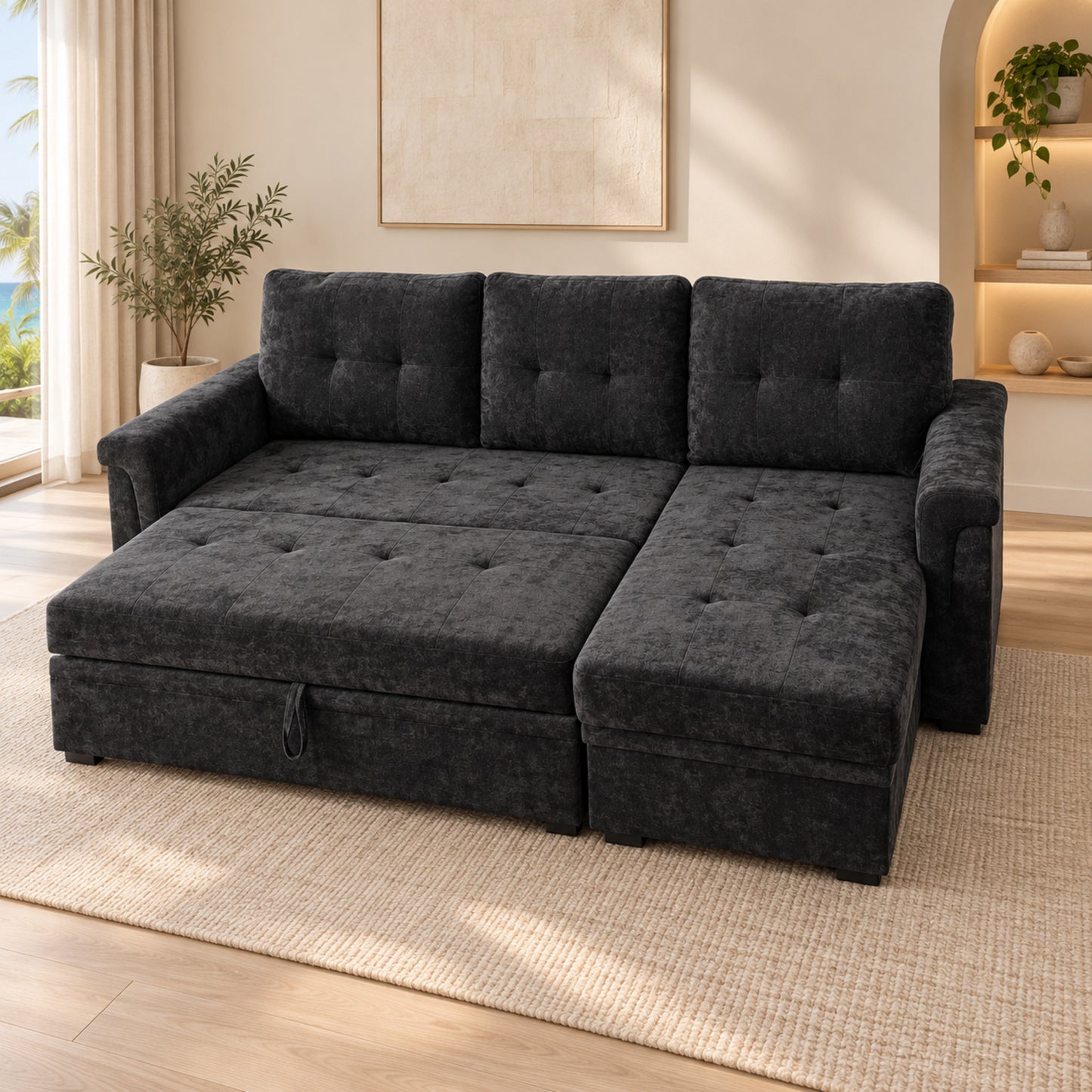 RENZO Black reversible chaise sofa bed with pull-out section fully opened