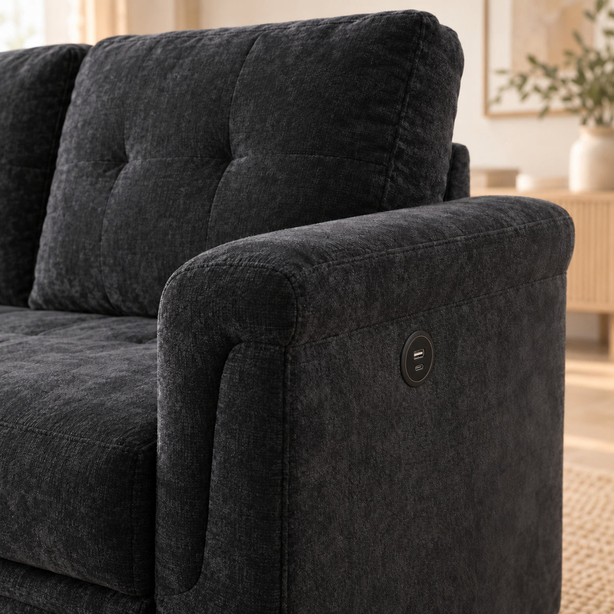 RENZO Black sofa bed outer arm showing USB-A and USB-C connections