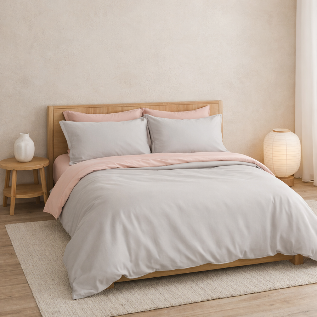 100% Bamboo Bedding Set – Light Grey + Camel Pink