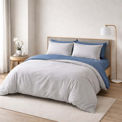 100% Bamboo Bedding Set – Silver Grey + Indigo Blue