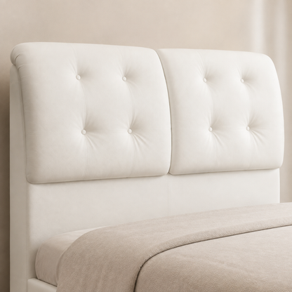 Close-up of the UZMA split cushioned headboard in Premium PU White