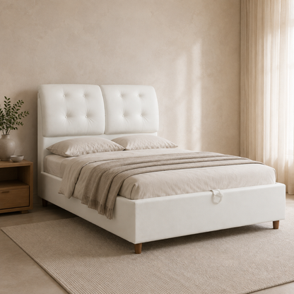 UZMA Premium Luxe storage bed in Premium PU White in a warm neutral bedroom