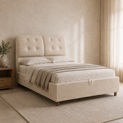 UZMA Premium Luxe storage bed in Suede Light Beige in a warm neutral bedroom