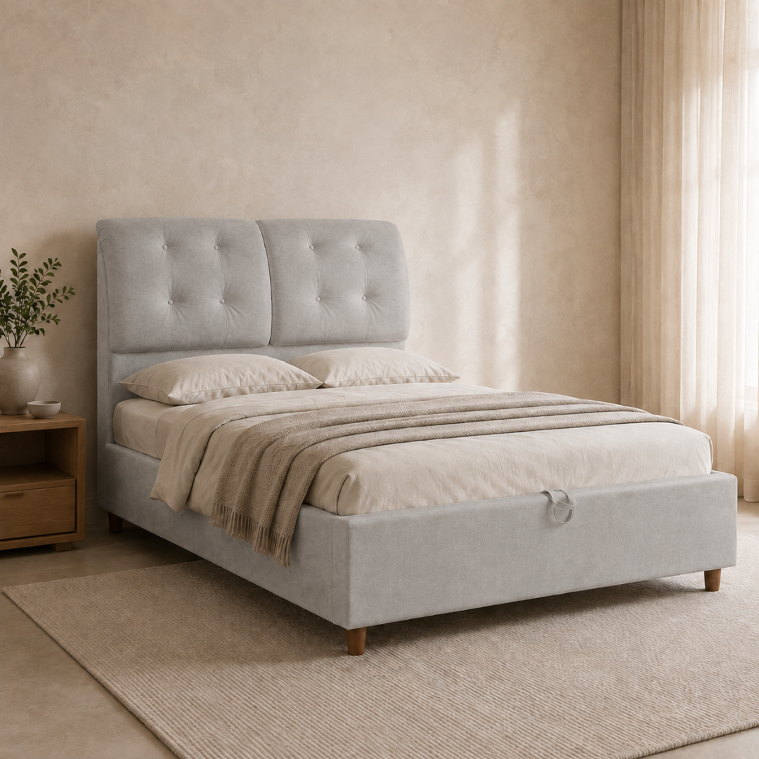 UZMA Premium Luxe storage bed in Suede Light Grey in a warm neutral bedroom