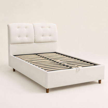 UZMA storage bed without a mattress showing its wooden slat support platform