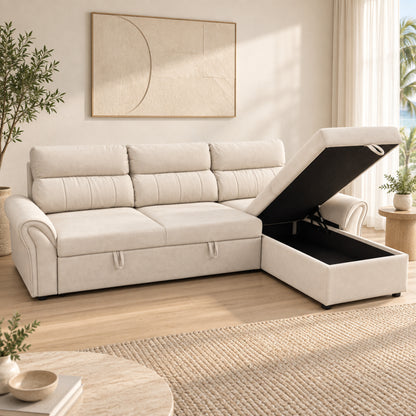 VALERO Suede Light Beige sofa bed with storage compartment open inside the chaise
