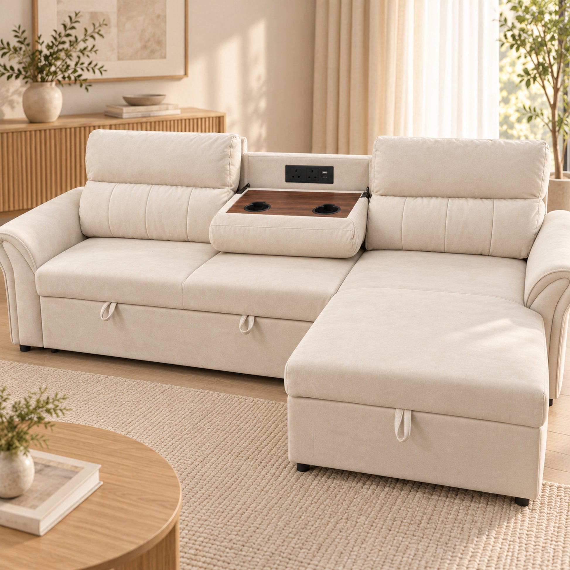 VALERO Light Beige sofa bed with wood-effect console, two cupholders, two power sockets, USB-A and USB-C
