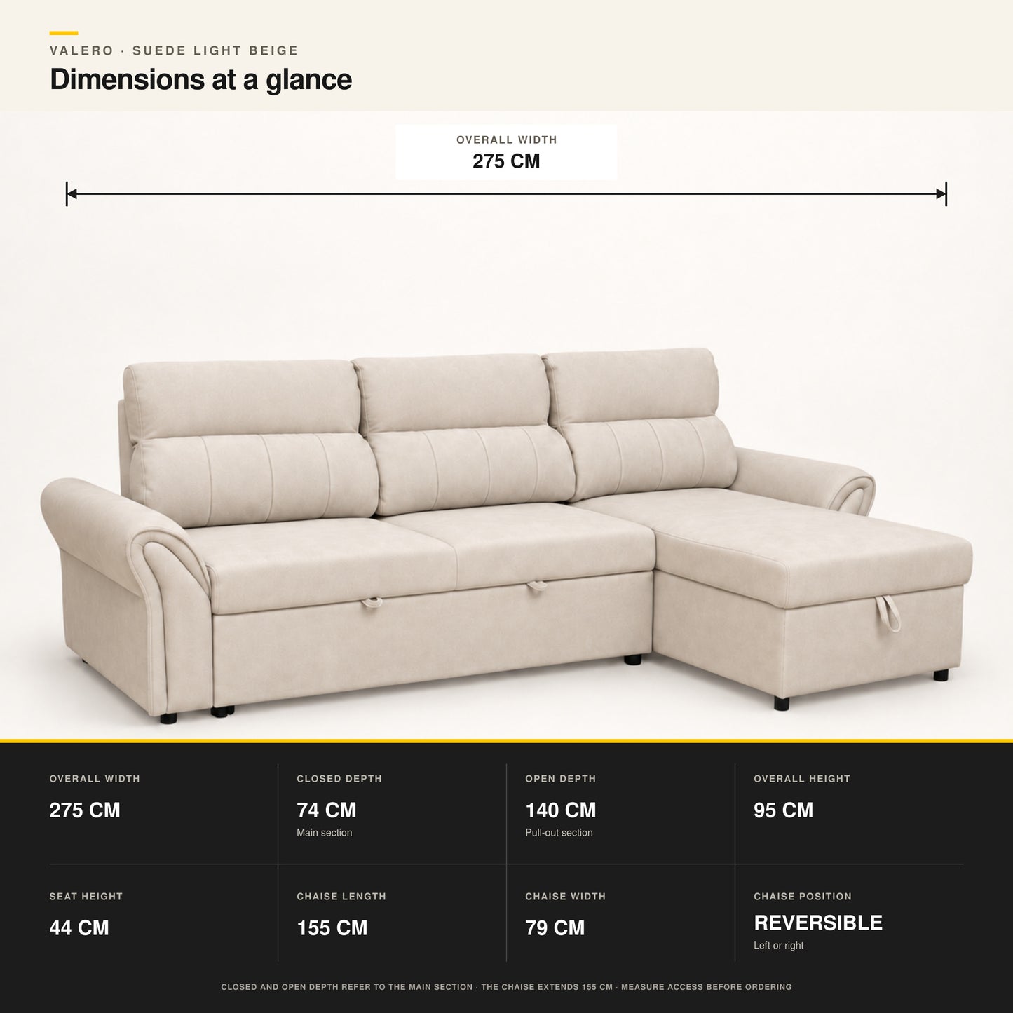 VALERO Light Beige sofa bed dimensions showing closed depth, open depth and chaise measurements