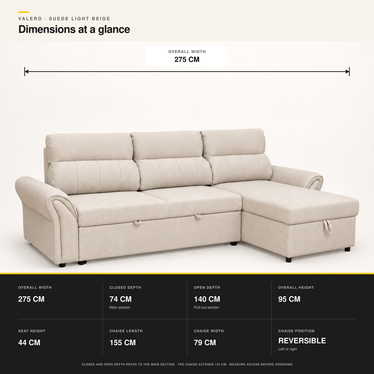 VALERO Light Beige sofa bed dimensions showing closed depth, open depth and chaise measurements