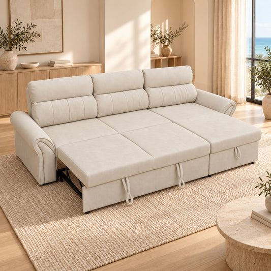 VALERO Suede Light Beige sofa bed with pull-out section fully opened