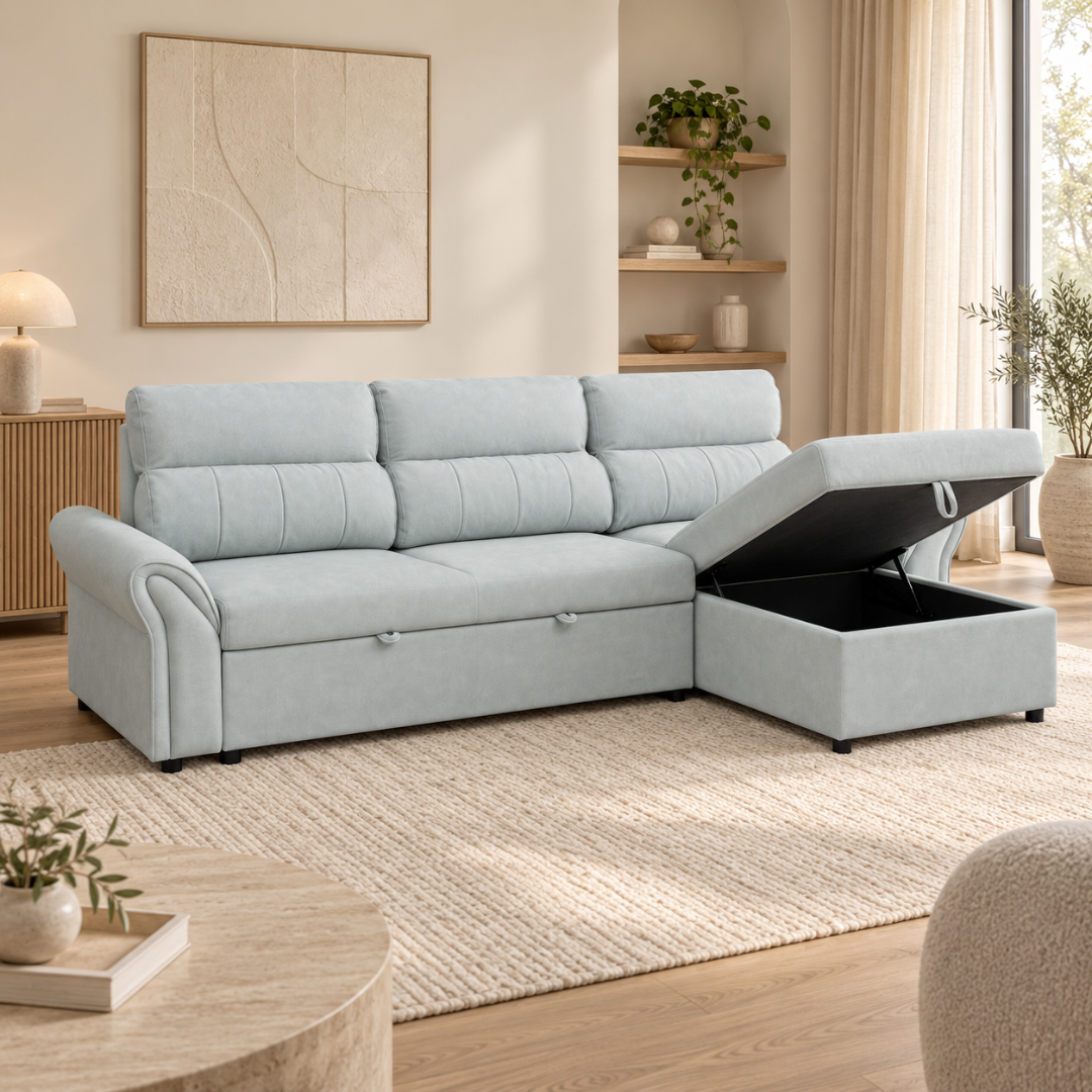 VALERO Light Grey sofa bed dimensions showing closed depth, open depth and chaise measurements