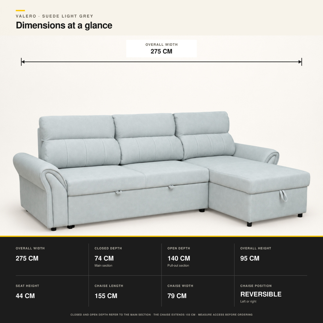 VALERO Suede Light Grey sofa bed with pull-out section fully opened