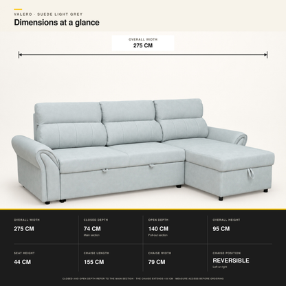 VALERO Suede Light Grey sofa bed with pull-out section fully opened