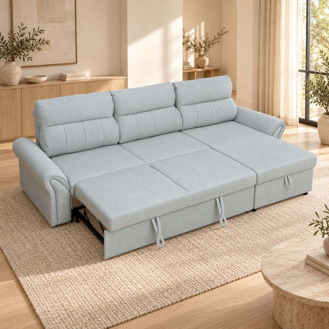 A light blue convertible sofa bed shown in a bright, modern living room with its seat section pulled out into a flat sleeping surface, placed on a woven rug over light wood flooring.