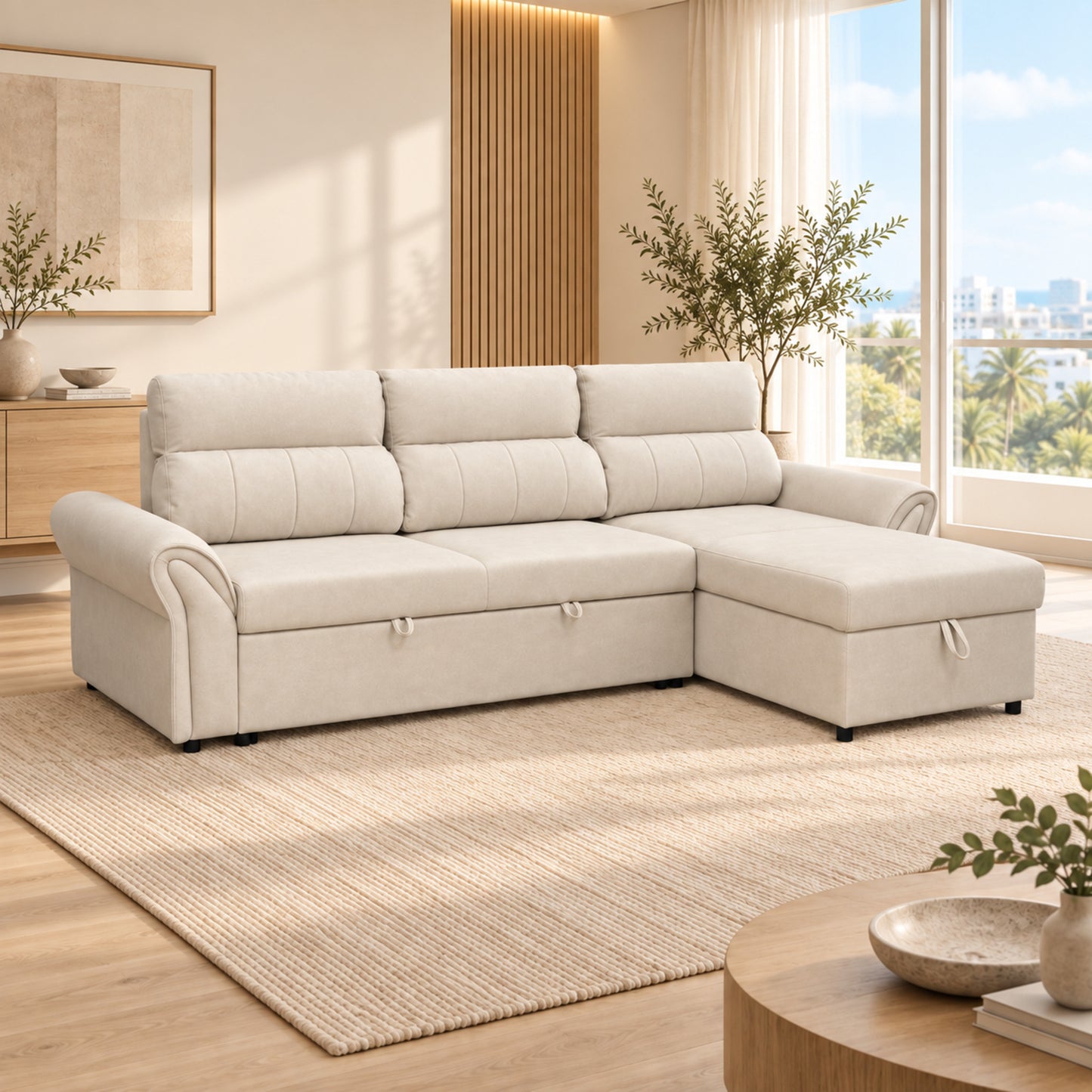 VALERO Suede Light Beige reversible chaise sofa bed in closed seating configuration