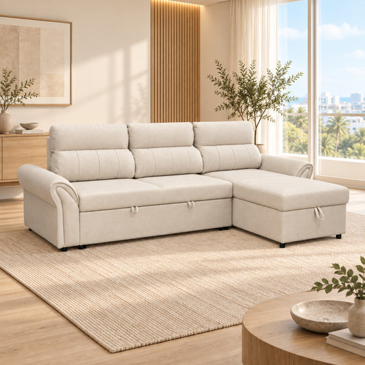 VALERO Suede Light Beige reversible chaise sofa bed in closed seating configuration