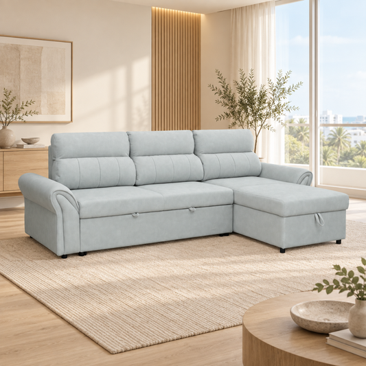 VALERO Suede Light Grey reversible chaise sofa bed in closed seating configuration