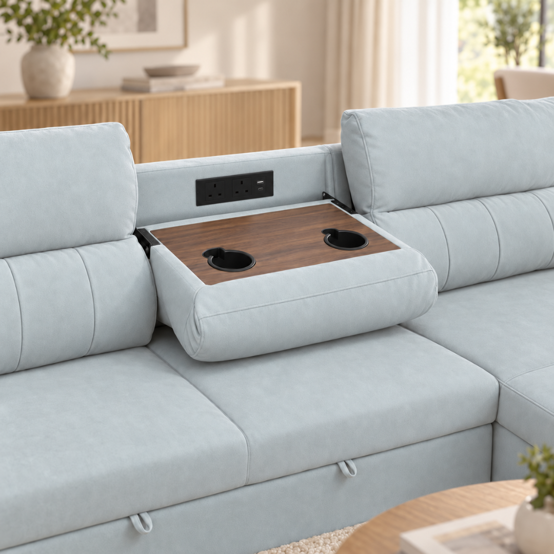VALERO Light Grey sofa bed showing two power sockets plus USB-A and USB-C port