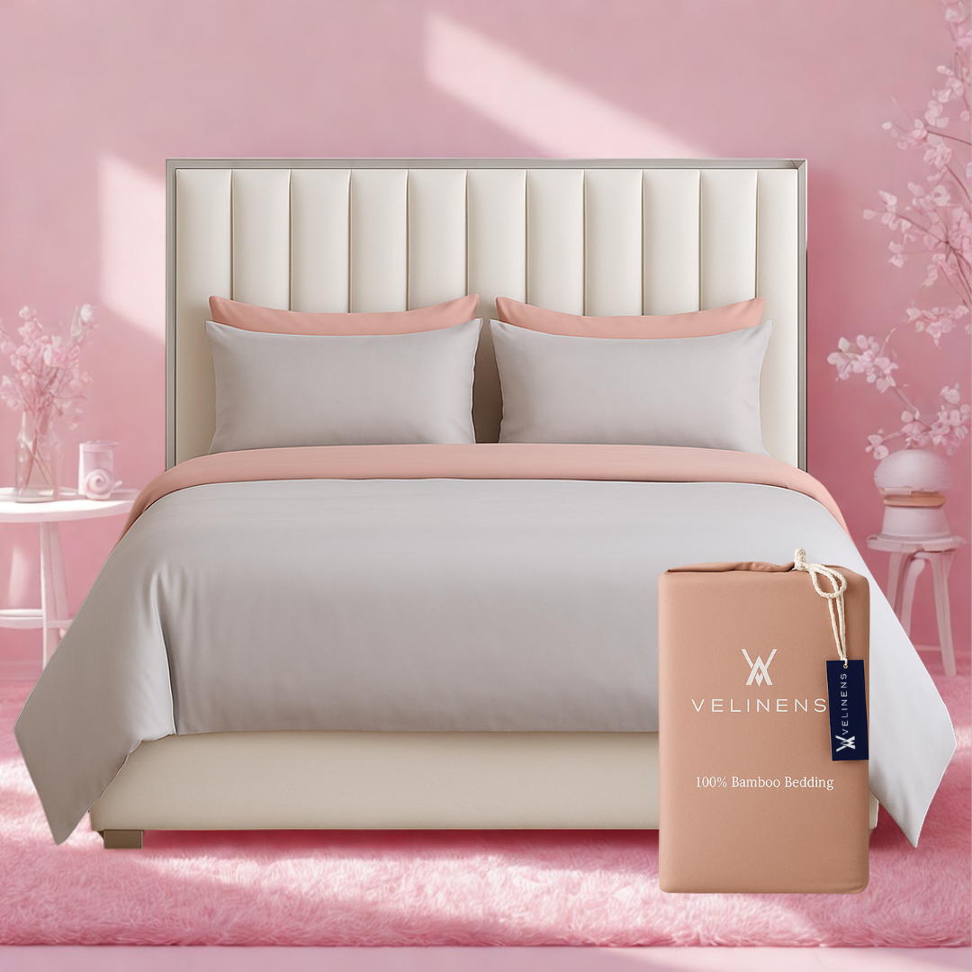 100% Bamboo Bedding Set – Light Grey + Camel Pink