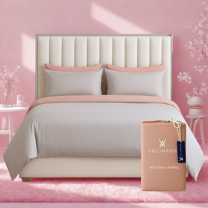 100% Bamboo Bedding Set – Light Grey + Camel Pink