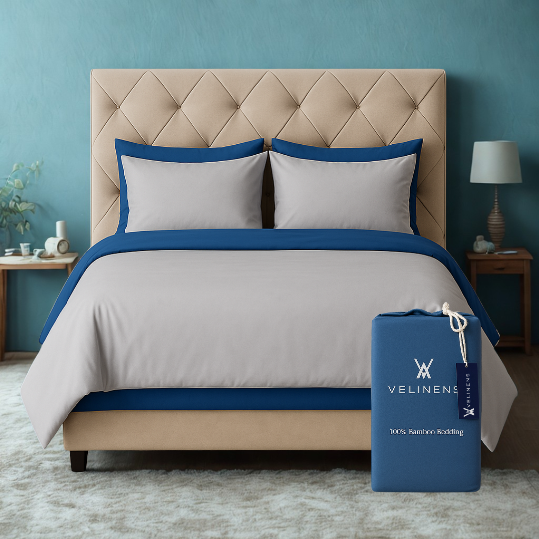 100% Bamboo Bedding Set – Silver Grey + Indigo Blue