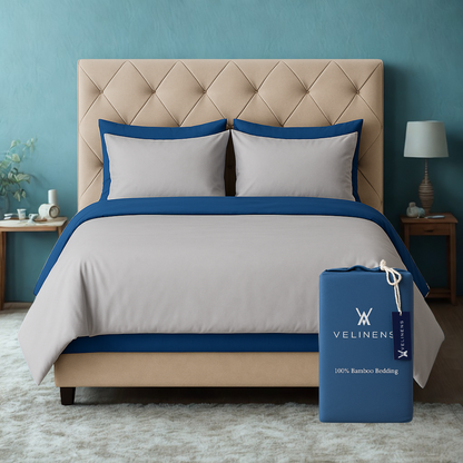 100% Bamboo Bedding Set – Silver Grey + Indigo Blue