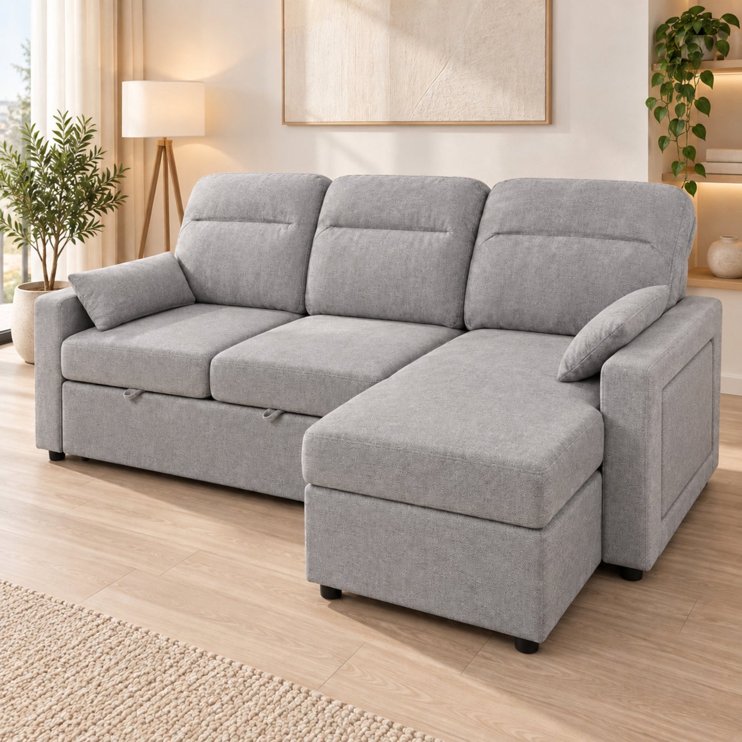 VERO Light Grey sofa bed configured with the reversible chaise on the right