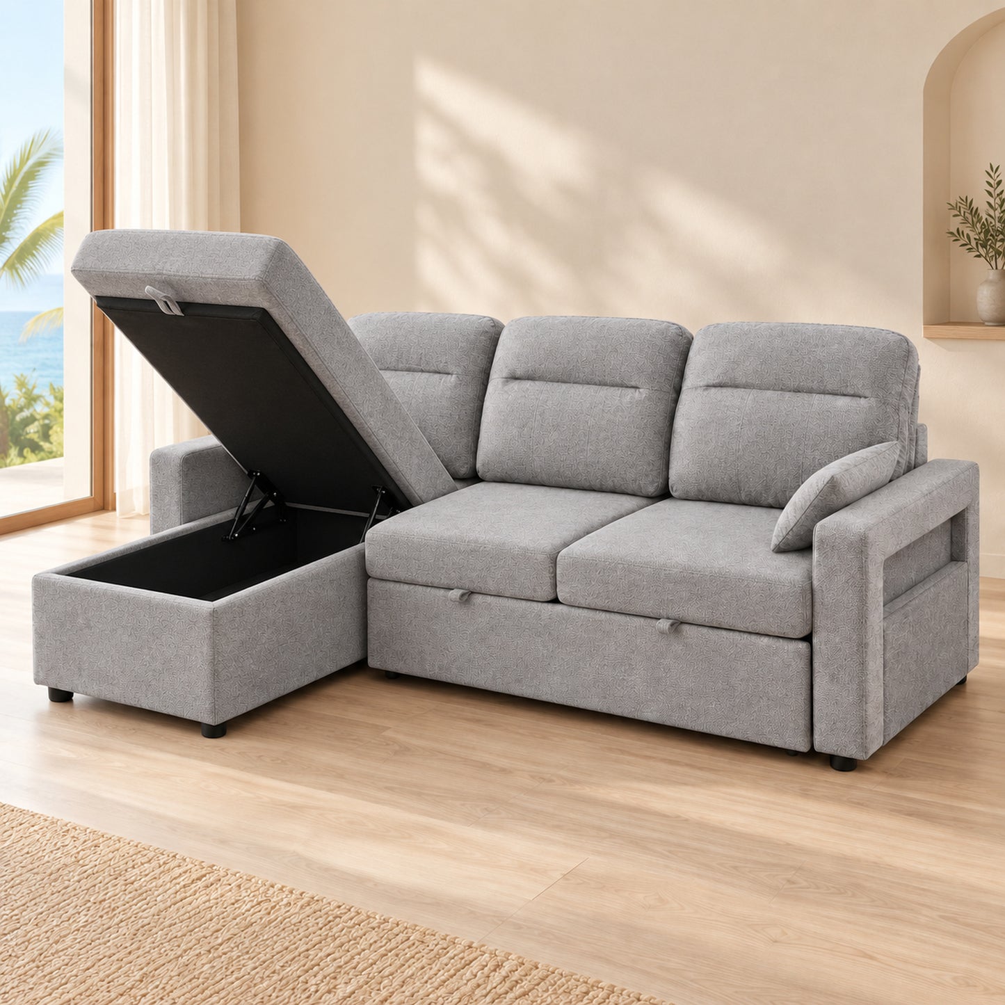 VERO Light Grey reversible chaise sofa bed with lift-up chaise storage open