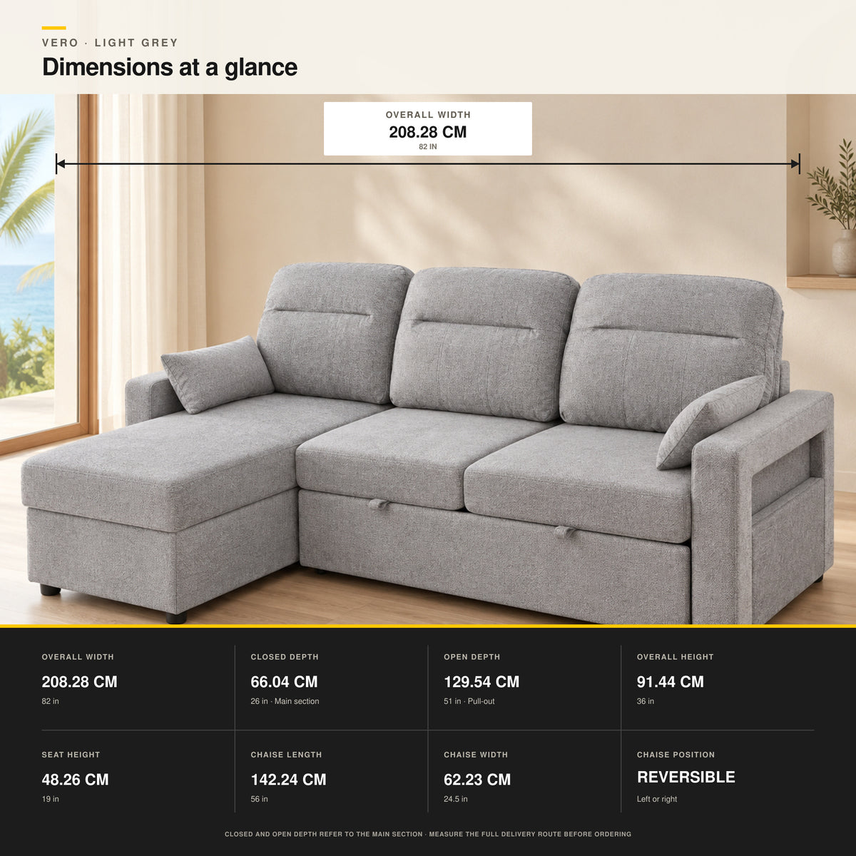 VERO Light Grey sofa bed dimensions showing width, depths, height and chaise measurements