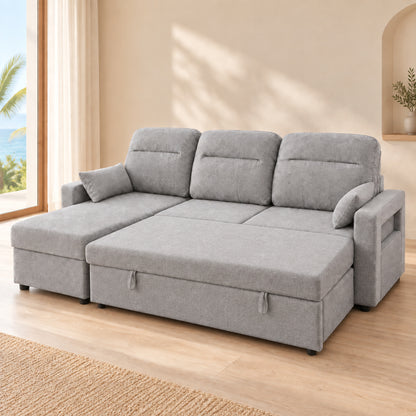 VERO Light Grey reversible chaise sofa bed with broad pull-out platform fully opened