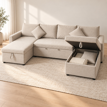 VIVO Beige U-shape sofa bed with hidden chaise storage open
