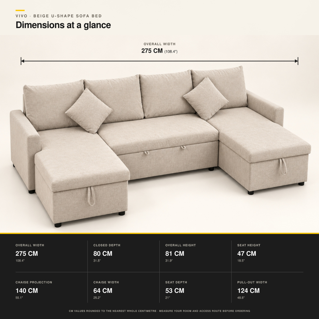 VIVO Beige U-shape sofa bed dimension guide with overall and seating measurements