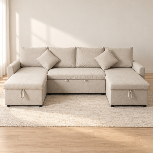VIVO Beige U-shape sofa bed in closed seating configuration