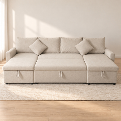 VIVO Beige U-shape sofa bed with centre pull-out fully extended
