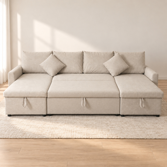 VIVO Beige U-shape sofa bed with centre pull-out fully extended