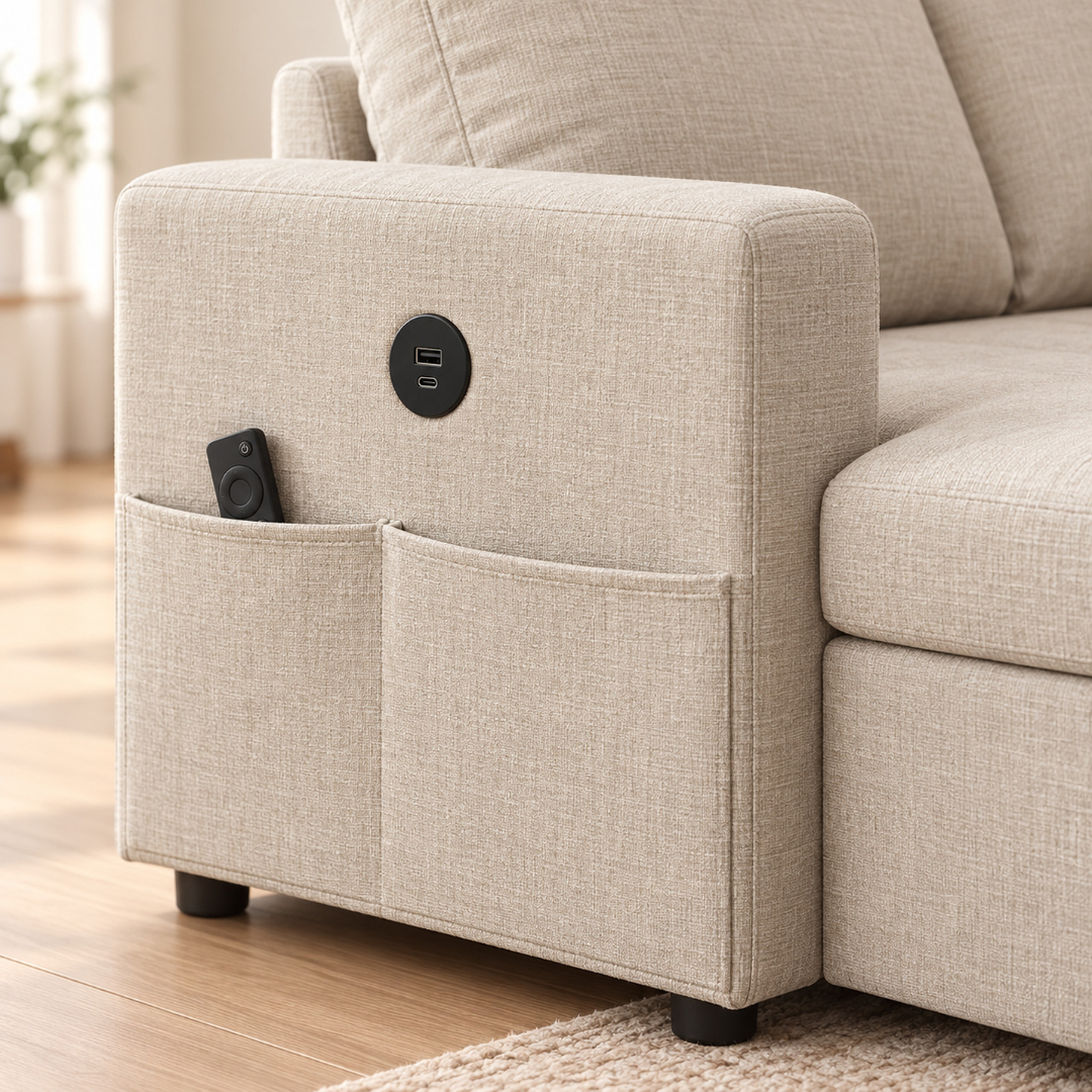 VIVO Beige sofa bed arm with USB-A and USB-C ports and storage pockets